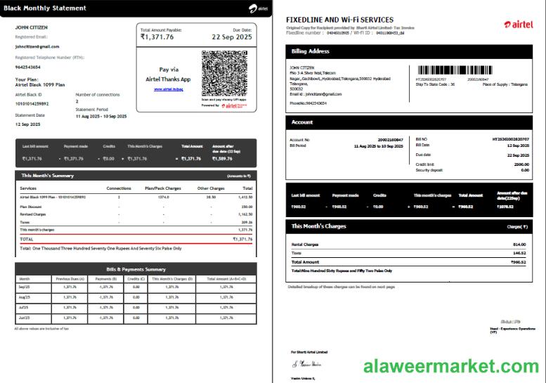 India Airtel utility bill template in Word and PDF formats, 2 pages, version 5